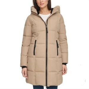 Calvin Klein Women XXL Heavyweight Oxford Puffer Jacket 2-Way Zip Hooded Tan NWT